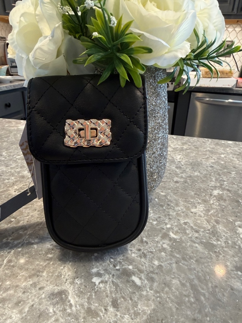 Quilted Black Vegan Leather Mini Crossbody with Gold Turn-Lock - Picture 4 of 4